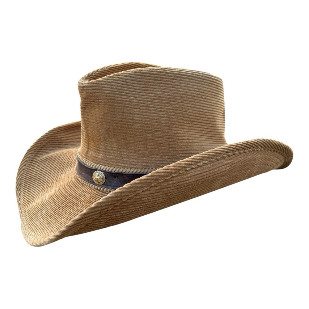 Vintage Resistol Western Corduroy Cowboy Hat Tan Brown Leather Concho 7 1/8 USA